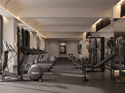 Modern Spacious Gym Interior With Treadmills Dumbbells Exercise Machines And Workout Equipment 3d model