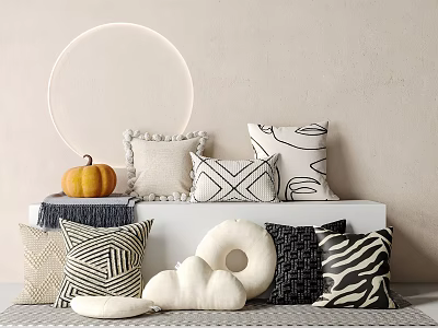 Stylish Decorative Pillows Featuring Black White Geometric Patterns Fringed Design Cloud Cushion And Pumpkin Decor 3d model