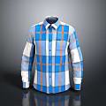 Long Sleeve Collared Shirt In Blue White Orange Plaid Pattern With Button Front 3d model