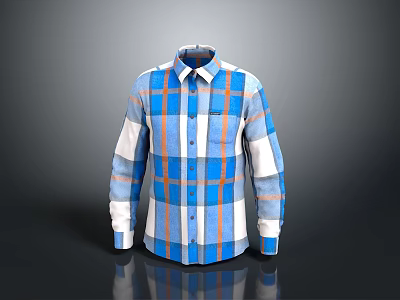Long Sleeve Collared Shirt In Blue White Orange Plaid Pattern With Button Front 3d model