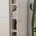 White Entryway Side Cabinet with Storage Baskets Folded Towels and Cactus Plants on Wooden Floor
