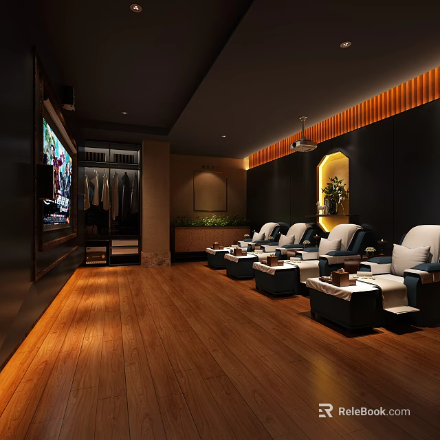 Modern SPA Sauna Interior Design With Wooden Flooring Massage Chairs Green Plants And Decorative Lighting 3d model 