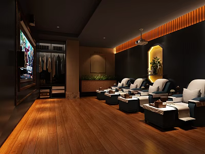 Modern SPA Sauna Interior Design With Wooden Flooring Massage Chairs Green Plants And Decorative Lighting 3d model