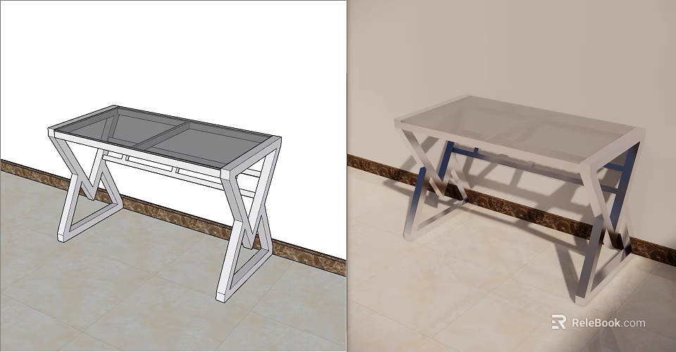 Modern Glass Top Desk With Metal X Shaped Legs And Single Drawer 3d model 