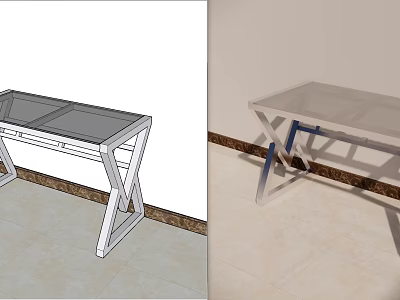Modern Glass Top Desk With Metal X Shaped Legs And Single Drawer 3d model