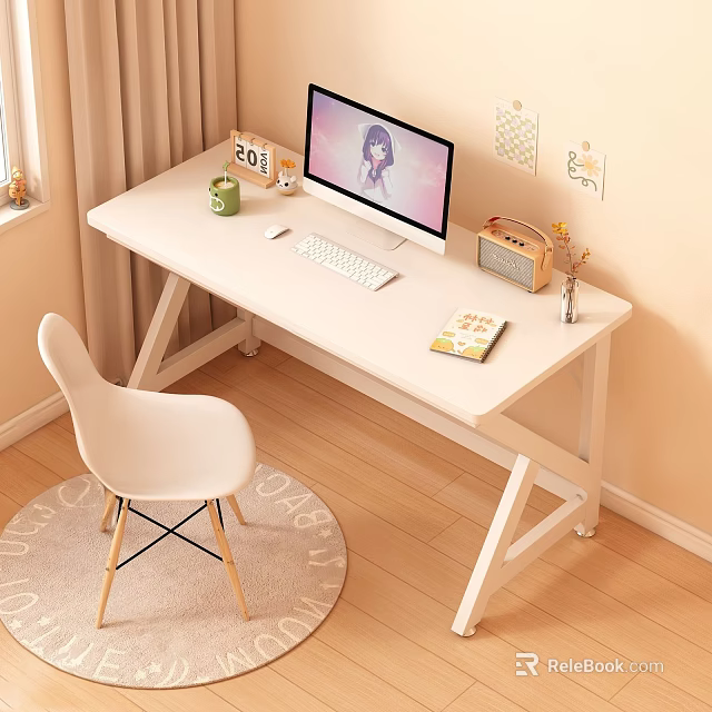 Cozy White Desk Setup With Computer Keyboard Mouse Green Mug Radio And Book 3d model 