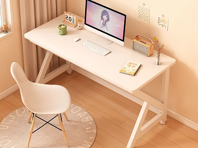 Cozy White Desk Setup With Computer Keyboard Mouse Green Mug Radio And Book 3d model