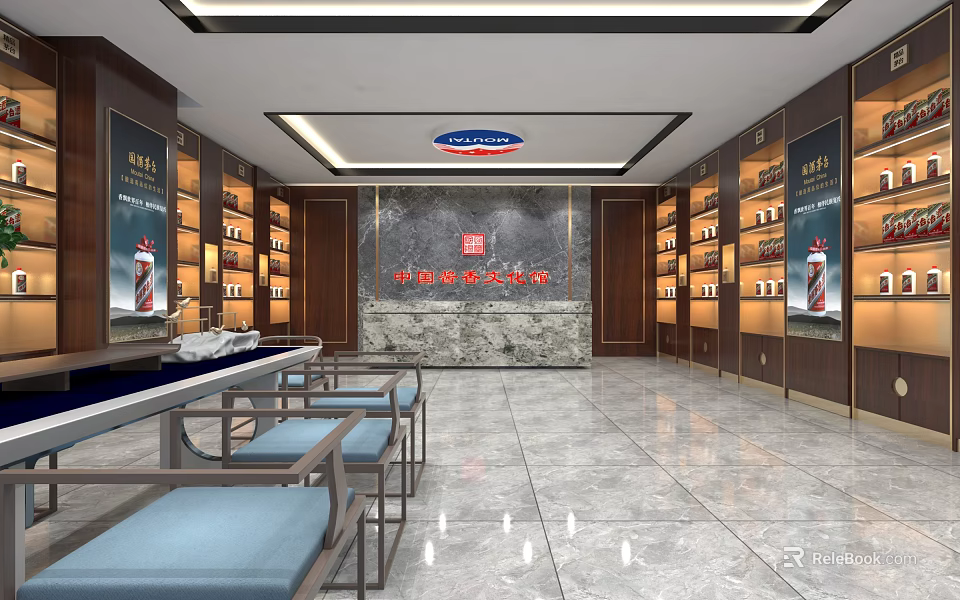 Chinese Maotai Flavor Culture Liquor Specialty Store With Marble Backdrop And Wooden Display Cabinets 3d model 