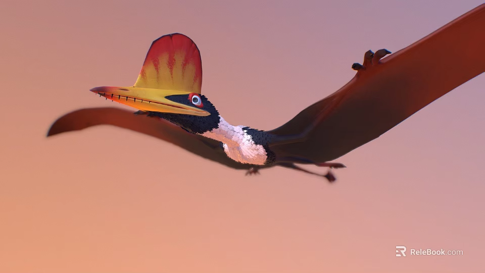 Pterosaur Flying With Colorful Crest And Extended Wings In Sky 3d model 