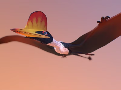Pterosaur Flying With Colorful Crest And Extended Wings In Sky 3d model