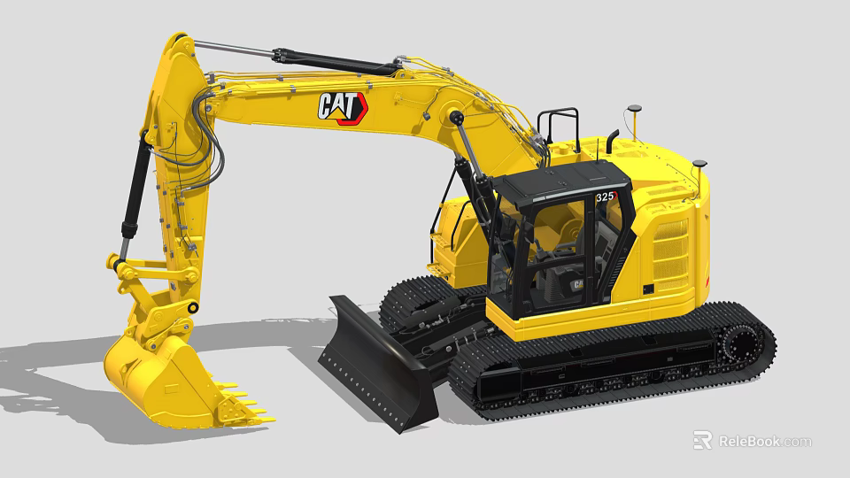 Yellow CAT Excavator With Tracks Cab And Front Bucket Design 3d model 