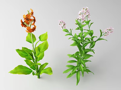 Vibrant Orange And Pink Decorative Flowers With Fresh Green Leaves And Stems 3d model