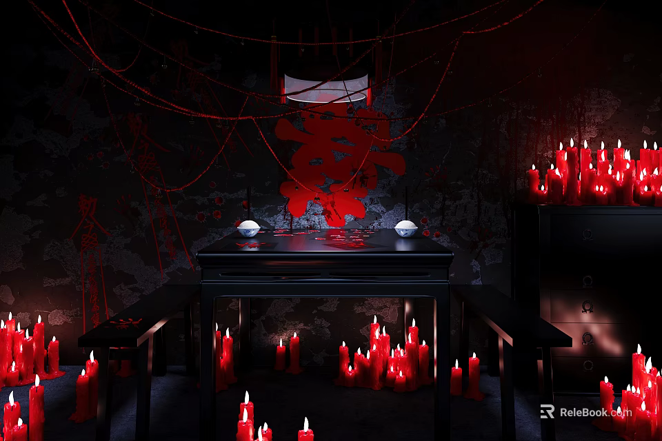 Eerie Dark Room With Red Candles And Traditional Chinese Xi Character Decorations 3d model 