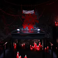 Eerie Dark Room With Red Candles And Traditional Chinese Xi Character Decorations