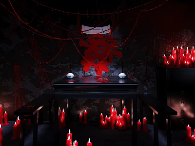 Eerie Dark Room With Red Candles And Traditional Chinese Xi Character Decorations 3d model
