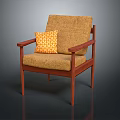 Modern Wooden Frame Chair With Brown Fabric Seat And Orange Geometric Pillow