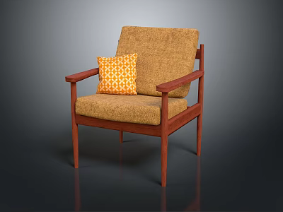 Modern Wooden Frame Chair With Brown Fabric Seat And Orange Geometric Pillow 3d model