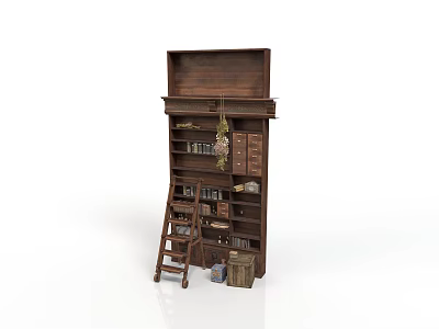Vintage Dark Wooden Cabinet With Multiple Drawers Shelves And Side Ladder Buckets 3d model