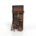 Vintage Dark Wooden Cabinet With Multiple Drawers Shelves And Side Ladder Buckets