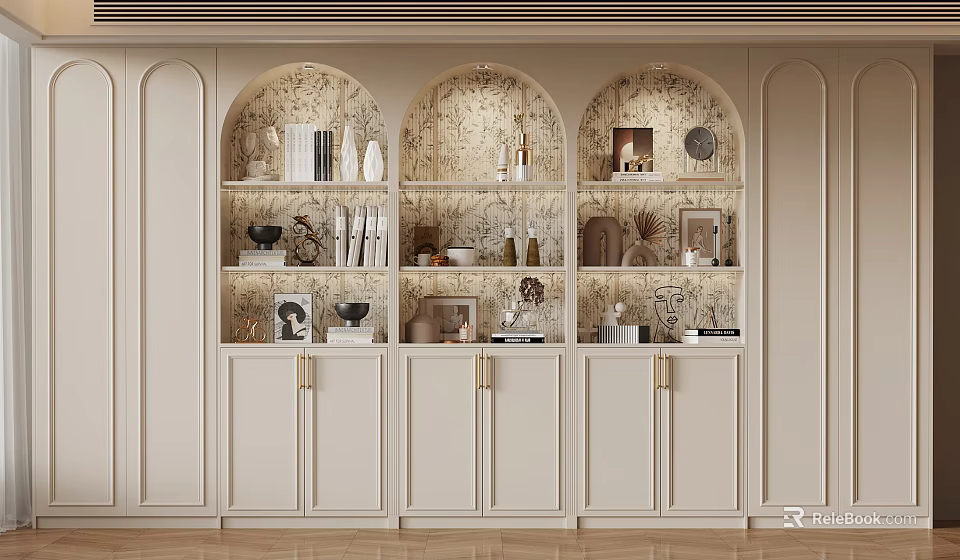 Elegant Modern Display Cabinet With Arched Shelves Golden Handles And Decorative Ornaments 3d model 