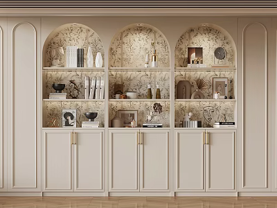 Elegant Modern Display Cabinet With Arched Shelves Golden Handles And Decorative Ornaments 3d model