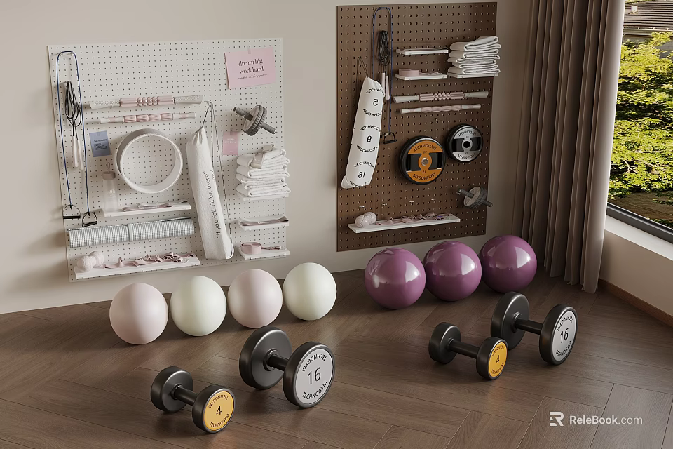 Home Fitness Space With Pegboard Storage Towels Colorful Fitness Balls And Dumbbells 3d model 