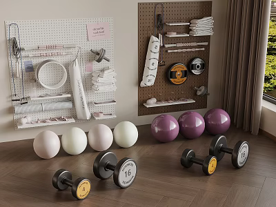 Home Fitness Space With Pegboard Storage Towels Colorful Fitness Balls And Dumbbells 3d model