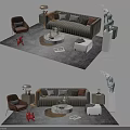 Elegant Modern Sofa Coffee Table Set With Decorative Pillows Round Table And Area Rug 3d model