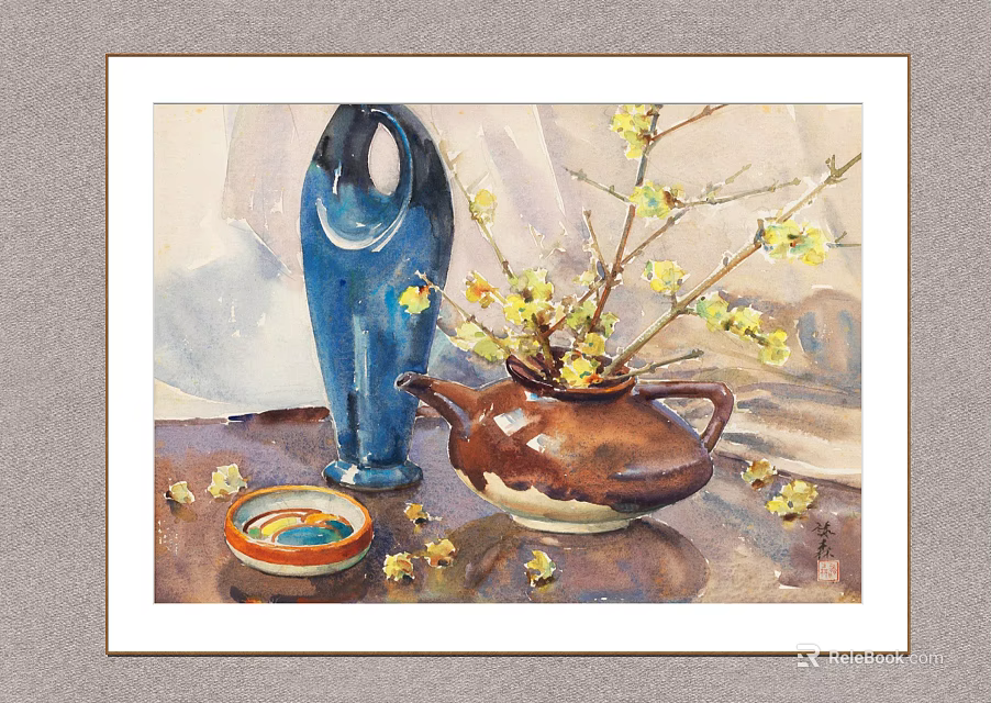 Artistic Teapot Display With Blue Vase Yellow Flower Branches Small Bowl And Scattered Flowers 3d model 