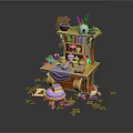 Wooden Desk And Bookshelf With Potted Plants Tea Set Purple Flowers And Scattered Green Leaves
