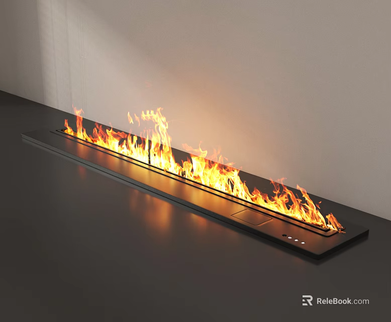 Contemporary Linear Fireplace With Vibrant Burning Flames In Sleek Black Minimalist Interior 3d model 