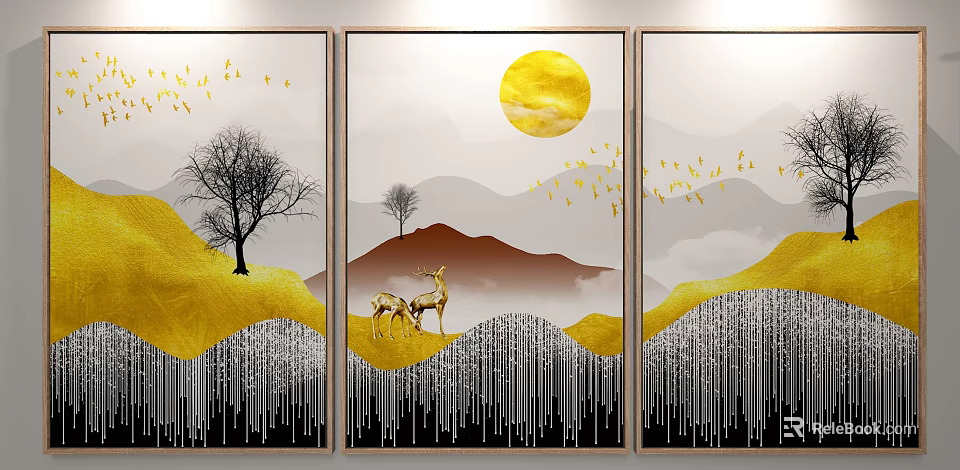 Chinese Style Decorative Wall Art With Yellow Mountains Deer Flying Birds And Golden Sun 3d model 