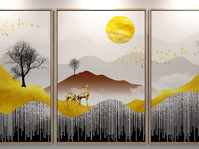 Chinese Style Decorative Wall Art With Yellow Mountains Deer Flying Birds And Golden Sun 3d model