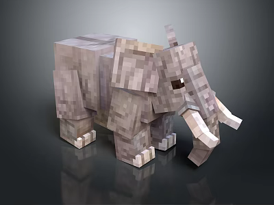 3D Pixelated Elephant Model With Blocky Gray Design And White Tusks 3d model