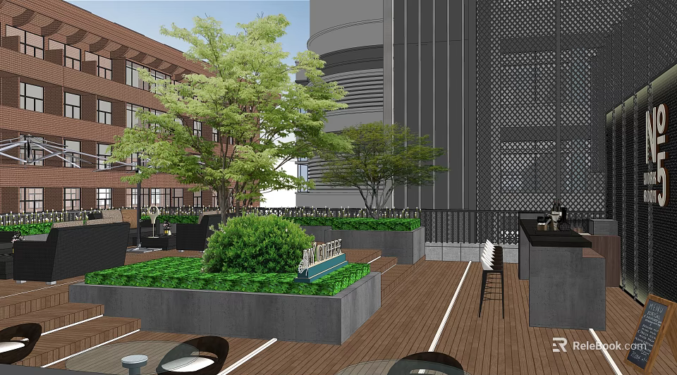 Rooftop Garden With Trees Green Plants Wooden Flooring And Outdoor Furniture 3d model 