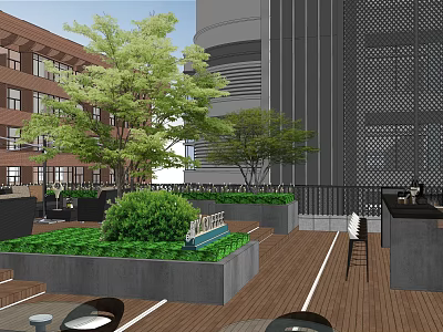 Rooftop Garden With Trees Green Plants Wooden Flooring And Outdoor Furniture 3d model