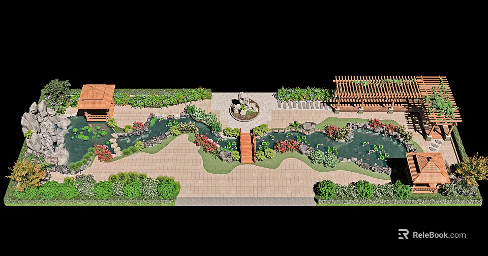 Tranquil Garden Landscape With Curved Pathway Pond Pavilion Colorful Flowers And Lush Greenery 3d model 