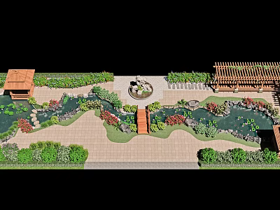 Tranquil Garden Landscape With Curved Pathway Pond Pavilion Colorful Flowers And Lush Greenery 3d model
