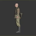 Man in military uniform with belt and boots standing with arms outstretched on gray background
