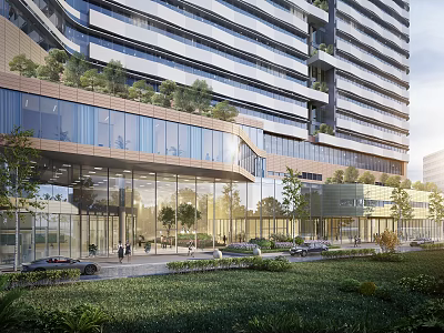 Modern Commercial Street With High Rise Buildings Glass Curtain Walls Green Plants Pedestrians And Vehicles 3d model