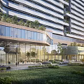 Modern Commercial Street With High Rise Buildings Glass Curtain Walls Green Plants Pedestrians And Vehicles