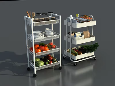 Fresh Vegetables On Multi Tiered Rolling Kitchen Storage Carts With Plates And Utensils 3d model