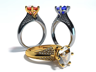 Luxury Gemstone Rings Gold And Silver With Red Blue Clear Stones Inlaid Small Diamonds 3d model