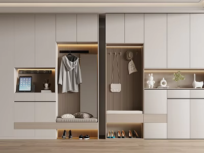 Modern Shoe Cabinet Storage Organizer With Coat Hanging Bag Storage Bench And Decorative Items 3d model