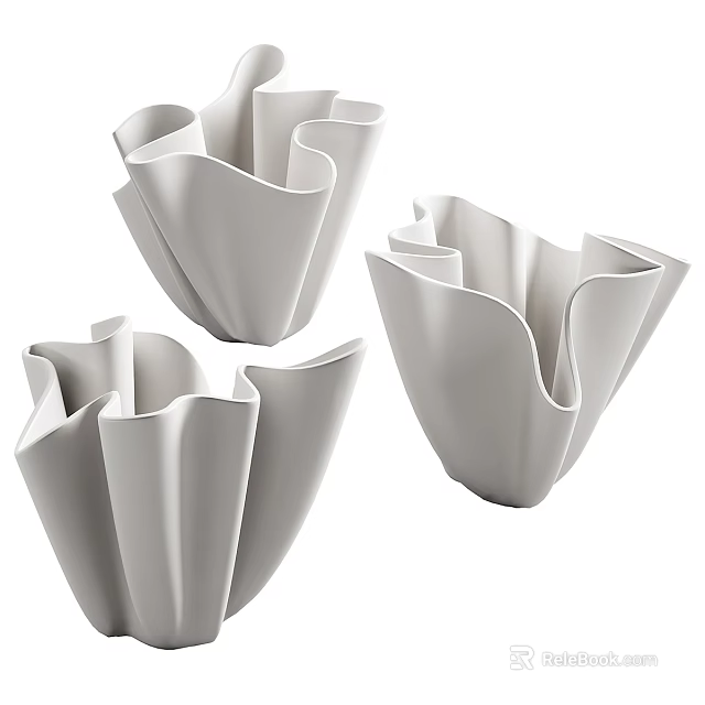 Modern White Ceramic Decorative Ornament Set With Wave Petal Design For Home Decor 3d model 