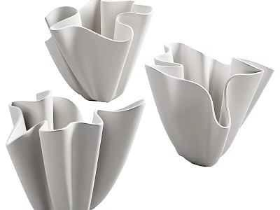 Modern White Ceramic Decorative Ornament Set With Wave Petal Design For Home Decor 3d model