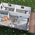 Modern Wooden House with Covered Porch Railing Wooden Deck Steps and Green Grass