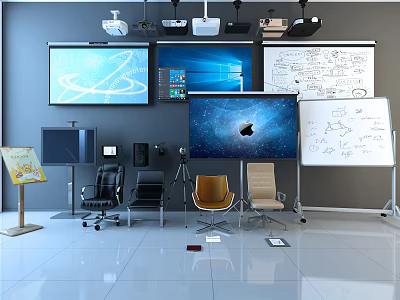 Projection Monitoring Setup With Projectors Projection Screens Whiteboards And Equipment 3d model