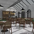 Modern Café Interior With Wicker Chairs Black Pendant Lights And Glass Ceiling