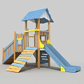 Outdoor Playground Equipment With Blue Roof Wooden Structure Double Slides And Yellow Accents For Kids